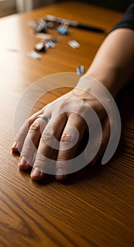 A hand with a silver ring on the ring finger rests on a wooden table with a smooth,