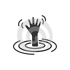 Hand sinking in water or drowning victim icon, help button concept isolated vector illustration