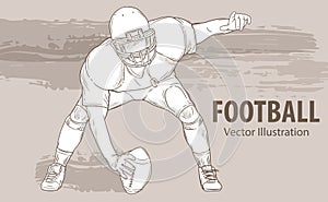 Hand sketch of American football player. Vector sport illustration. Graphic silhouette of the athlete with ball on
