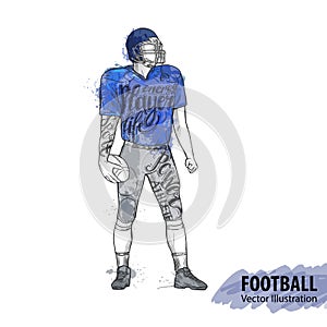 Hand sketch of American football player. Vector sport illustration. Watercolor silhouette of the athlete with thematic