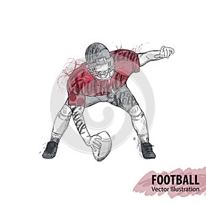 Hand sketch of American football player. Vector sport illustration. Watercolor silhouette of the athlete with thematic
