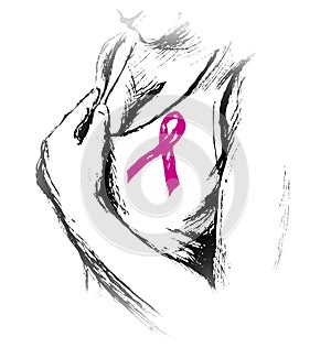 Hand sketch of detail woman with a pink ribbon