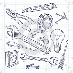 Hand sketch icons set of carpentry tools, pliers, screwdriver, light bulb and the wrench