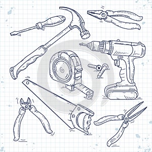 Hand sketch icons set of carpentry tools, a saw, pliers, screwdriver and tape measure