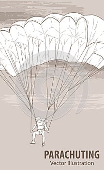 Hand sketch of parachuting athlete. Vector sport illustration. Graphic silhouette of the man with a parachute on