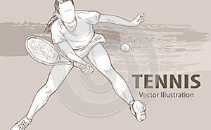 Hand sketch of professional tennis player. Vector sport illustration. Graphic silhouette of the girl athlete on