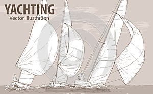 Hand sketch of sailing yachts regatta. Races in the sea. Vector sport illustration. Graphic silhouette of yachts on