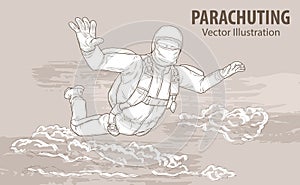 Hand sketch of skydiving athlete in the clouds. Vector sport illustration. Graphic silhouette of the man flying in the