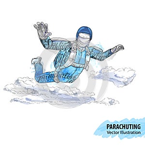 Hand sketch of skydiving athlete in the clouds. Vector sport illustration. Watercolor silhouette of the man with