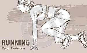 Hand sketch of a woman runner ready to start. Vector sport illustration. Graphic silhouette of the athlete on background