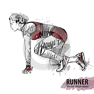 Hand sketch of a woman runner ready to start. Vector sport illustration.