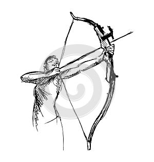 Hand sketch woman shooting a bow and arrow