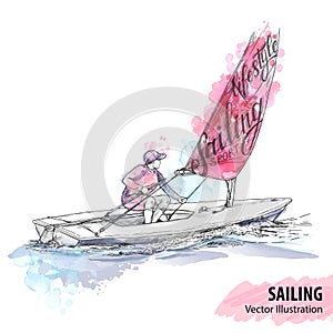 Hand sketch of women on sailing boat on the sea. Vector sport illustration. Watercolor silhouette of yacht with thematic