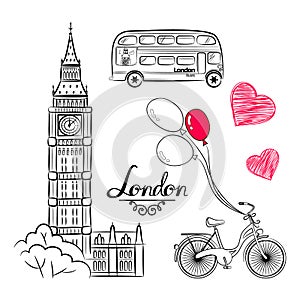 Hand sketch World famous landmark collection : Big Ben London, England, bike, balloons