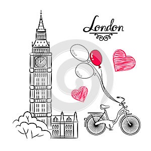 Hand sketch World famous landmark collection : Big Ben London, England, bike, balloons