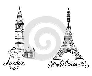 Hand sketch World famous landmark collection : Big Ben London, England and sketch of Paris, Eiffel Tower