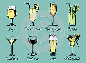 Hand sketched alcoholic beverages and cocktails glasses. Vector drinks color illustrations set, vodkatini,champagne etc.