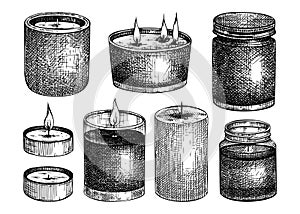 Hand-sketched aromatic candles collection. Vector illustrations of burning tallow, wax, paraffin candles. For aromatherapy, hygge