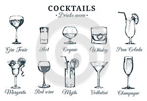 Hand sketched bottles and glasses of alcoholic beverages. Vector set of drinks and cocktails drawings. Restaurant menu.