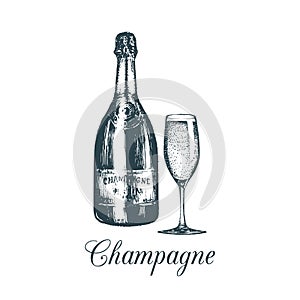 Hand sketched champagne bottle and glass.Vintage vector illustration of sparkling wine set for cafe,bar,restaurant menu.