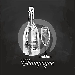 Hand sketched champagne bottle and glass. Vintage vector illustration of sparkling wine set on chalkboard for cafe menu.