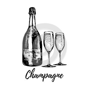 Hand sketched champagne bottle and two glasses. Vintage vector illustration of sparkling wine set for cafe, bar menu.