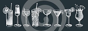 Hand-sketched cocktail illustrations set. Vector sketch of alcoholic drinks in an elegant glasses. Popular alcohol cocktails hand-