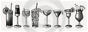 Hand-sketched cocktail illustrations set. Vector sketch of alcoholic drinks in an elegant glasses. Popular alcohol cocktails hand-