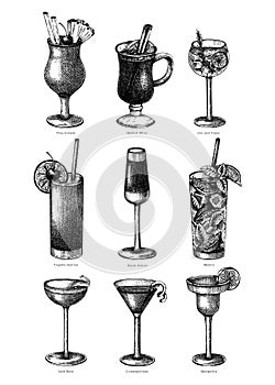 Hand-sketched cocktail illustrations set. Vector sketch of alcoholic drinks in elegant glasses. Popular alcohol cocktails vintage