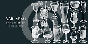 Hand-sketched drinks banner design. Vector sketches of popular beverages in elegant glasses. Popular drinks vintage hand-drawings