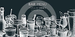 Hand-sketched drinks banner design. Vector sketches of popular beverages in elegant glasses. Popular drinks vintage hand-drawings