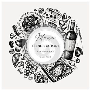 Hand sketched French cuisine vinatge design. Delicatessen food and drinks trendy background. Perfect for recipe, menu, label, icon