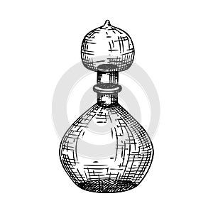 Hand sketched glass bottle illustration in vintage style. Glassware drawing for alchemy, medicine, cosmetics, or perfume. Alchemy