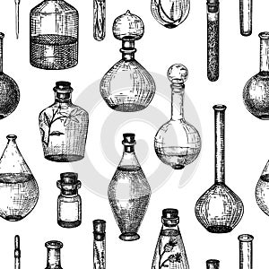 Hand-sketched glass equipment collection for perfumery and cosmetics making. Chemicals and alchemy glassware illustration set.