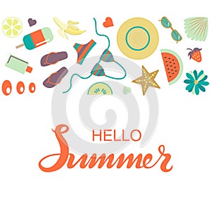 Hand sketched Hello Summer typography lettering poster