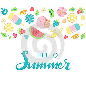 Hand sketched Hello Summer typography lettering poster