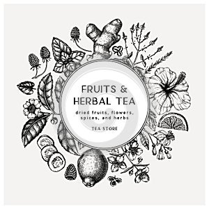 Hand sketched herbal tea ingredients vector wreath.  Summer drinks vintage design. Perfect for recipe, menu, label, icon,