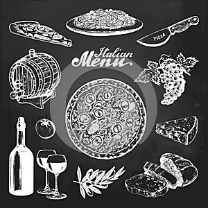 Hand sketched italian menu. Vector mediterranean cuisine food sketches on chalkboard. Illustrations for cafe, bar menu.