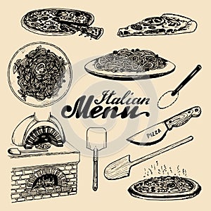 Hand sketched italian menu. Vector set of drawn mediterranean food elements with lettering in ink style.