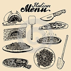 Hand sketched italian menu. Vector set of drawn mediterranean food elements with lettering in ink style.