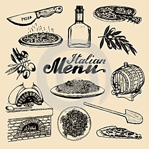 Hand sketched italian menu. Vector set of drawn mediterranean food elements with lettering in ink style.