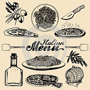 Hand sketched italian menu. Vector set of drawn mediterranean food elements with lettering in ink style.