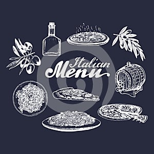 Hand sketched italian menu. Vector set of drawn mediterranean food elements with lettering in ink style.