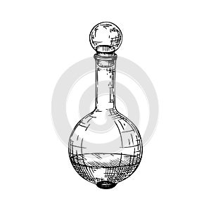 Hand sketched perfume bottle in vintage style. Glassware drawing for alchemy, medicine, cosmetics, or perfumery. Alchemy