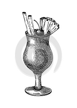 Hand-sketched Pina colada cocktail illustration. Vector sketch of alcoholic drink in elegant glass. Tropical cocktail with rum,