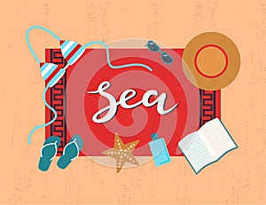 Hand sketched Sea typography lettering poster on beach backgroun