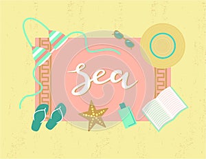 Hand sketched Sea typography lettering poster, beach background