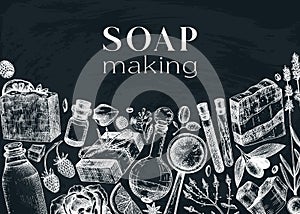 Hand-sketched soap design on chalkboard. Natural ingredients and aromatic materials for cosmetics, perfumery, soap. Great for