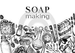 Hand-sketched soap design. Natural ingredients and aromatic materials for cosmetics, perfumery, soap. Great for branding,