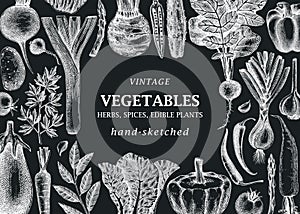 Hand-sketched Vegetable frame on chalkboard. Hand-drawn tomatoes, squashes, peppers, potatoes, asparagus and other vegetables